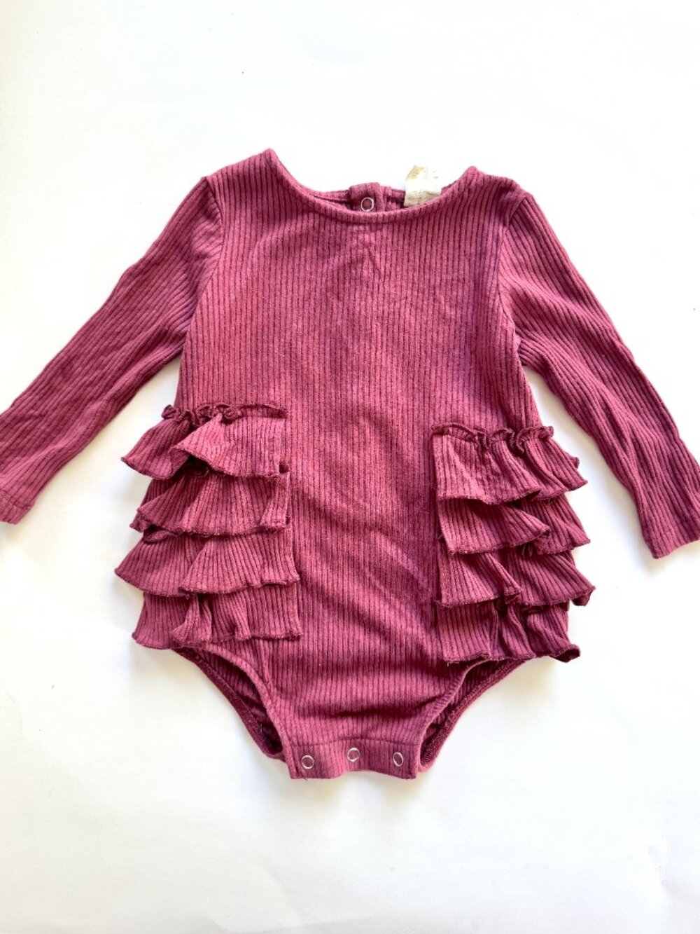 Kate Quinn Ribbed Ruffle Bubble Romper Long Sleeve Berry 6-12M